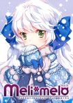  1girl bow coat cover cover_page doujin_cover green_eyes hair_bow hair_ribbon long_hair looking_at_viewer mittens mottsun original ribbon smile snowing solo white_hair winter_clothes winter_coat 