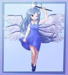  1girl ;) angel angel_wings arm_up blue_background blue_border blue_dress blue_eyes blue_hair blue_theme blush border breasts clenched_hand closed_mouth commentary contrast_collar dot_nose dress feathered_wings full_body genderswap genderswap_(otf) glowing glowing_weapon highres holding holding_wand legs_together long_hair long_sleeves looking_at_viewer medium_breasts multiple_wings one_eye_closed outside_border sariel_(touhou) see-through_clothes see-through_sleeves seraph sidelocks simple_background smile solo standing touhou touhou_(pc-98) very_long_hair wand weapon white_wings wide_sleeves wings zojik 