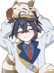  1boy arms_up black_hair blue_shirt blush closed_eyes collared_shirt commentary_request crossed_bangs furret gloves grin hair_between_eyes hatopopo_29 highres jacket kieran_(pokemon) long_sleeves male_focus necktie on_head pokemon pokemon_(creature) pokemon_on_head pokemon_scarlet_and_violet red_gloves red_necktie shirt single_glove smile strap teeth white_jacket 