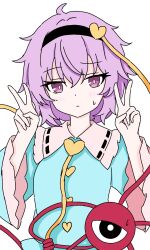  13nonaigdaz 1girl arms_up black_hairband blouse blue_shirt blush buttons closed_mouth commentary_request disembodied_linked_eye double_v eyeball frilled_shirt_collar frilled_sleeves frills hair_ornament hairband heart heart_button heart_hair_ornament highres komeiji_satori looking_at_viewer nervous_sweating shirt simple_background solo sweat touhou v white_background 