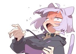  1girl absurdres animal_ears black_hoodie breasts cat_ears cat_girl cat_tail cocomayo29_(tomato) fang highres hololive hood hood_down hoodie large_breasts nekomata_okayu nekomata_okayu_(1st_costume) open_mouth purple_hair simple_background surprised tail veins violet_eyes virtual_youtuber white_background 