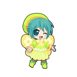  1girl ;d a-pose aqua_eyes aqua_hair beret black_outline blush boots bow bowtie brown_pantyhose buttons chibi chibi_only double-breasted full_body game_asset green_boots green_hat green_jacket green_skirt hat hatsune_miku hatsune_miku_graphy_collection jacket looking_at_viewer one_eye_closed open_mouth outline pantyhose short_hair skirt smile solo standing striped_clothes striped_skirt transparent_background vertical-striped_clothes vertical-striped_skirt vocaloid wings yellow_bow yellow_bowtie yellow_wings 