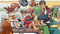  2boys 2girls absurdres artist_name bandana berry_(pokemon) bike_shorts black_hair blaziken blue_eyes breasts brown_hair commentary earrings flower glasses green_shirt highres jewelry max_(pokemon) may_(pokemon) mega_blaziken mega_sceptile mother_and_child mother_and_daughter mother_and_son multiple_boys multiple_girls munchlax norman_(pokemon) open_mouth oran_berry otakuman parent_and_child pearl_earrings plant pokemon pokemon_(anime) pokemon_(creature) pokemon_ruby/sapphire/emerald pokemon_tcg pokemon_the_series:_ruby_and_sapphire potted_plant red_bandana red_shirt rose sceptile scissors shirt short_hair short_sleeves slaking sliding_doors smile surprised sweat table trading_card vase 