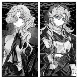  2girls arm_out_of_sleeve black_background blue_eyes braid closed_mouth coat collared_shirt fang fang_out fur-trimmed_coat fur_trim gloves greyscale hair_over_one_eye headscarf highres jacket long_hair mole mole_under_mouth monochrome multiple_girls necktie one_eye_covered reverse:1999 shirt skirt smile spot_color upper_body vila_(reverse:1999) violet_eyes windsong_(reverse:1999) xihua_ovo 