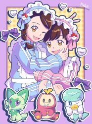  1boy 1girl ;d alternate_costume blue_bow blue_jacket bow braid brown_hair commentary_request eyelashes florian_(pokemon) fuecoco hand_on_another's_head happy headdress highres jacket juliana_(pokemon) long_sleeves meeee_hitsuji one_eye_closed pokemon pokemon_(creature) pokemon_scarlet_and_violet quaxly short_hair signature smile sprigatito starter_pokemon_trio v zipper zipper_pull_tab 