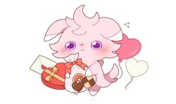  :< alternate_color animal_focus bag balloon bow box cat closed_mouth colored_sclera commentary_request cookie espurr food full_body heart-shaped_box heart_balloon holding holding_bag kurumi_dangoo letter looking_at_viewer no_humans pink_fur pokemon pokemon_(creature) pokemon_focus purple_sclera red_bow ribbon shiny_pokemon simple_background solo standing stuffed_toy violet_eyes white_background yellow_ribbon 