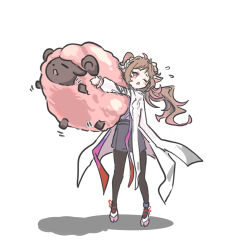  1girl ;o animal animal_ears arknights black_pantyhose black_skirt brown_hair coat dolly_(arknights) eyjafjalla_(arknights) flying_sweatdrops full_body highres holding holding_animal horns infection_monitor_(arknights) lab_coat long_hair long_sleeves mabing one_eye_closed open_mouth pantyhose pink_eyes pink_shoes shadow sheep sheep_ears sheep_girl sheep_horns shirt shoes simple_background skirt solo standing white_background white_coat 