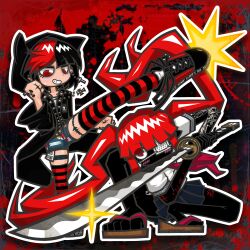 2girls absurdres animal_ears black_background black_hair black_hoodie black_shoes black_skin black_thighhighs blood blood_splatter bodypaint colored_skin cross cross_earrings cross_patty delinquent denim denim_shorts djkurara djkurara_various dynamic_pose earrings english_text exposed_pocket full_body highres holding holding_weapon hood hooded_jacket hoodie jacket jewelry kakusatsuko katana kicking lolita_fashion long_hair long_sleeves looking_at_another looking_at_viewer miniskirt multicolored_hair multiple_girls neckerchief painted_clothes punk red_background red_eyes red_hair red_neckerchief red_shoes red_thighhighs sandals school_uniform shoes short_hair shorts silver_earrings skirt squatting streaked_hair striped_clothes striped_thighhighs sukeban sword tattoo teeth thigh-highs weapon 