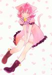  1girl :3 aida_mana animal_ears bell blush boots bowtie cat_ears cat_tail dokidoki!_precure hoodie lace-trimmed_sleeves petals pink pink_eyes pink_hair precure puffy_short_sleeves puffy_sleeves short_hair short_sleeves solo tail tsugihagi 