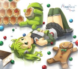  1girl android_(mascot) android_(os) boots closed_mouth collared_dress commentary_request contrast_collar copyright_name detached_sleeves dress food gingerbread_man google green_boots green_eyes green_hair green_sleeves hair_ornament hands_on_own_stomach honey humanization ice_cream ice_cream_sandwich knees_up liminarity looking_at_viewer lying on_back os-tan pleated_dress robot short_twintails sleeveless sleeveless_dress smile solo thigh_boots twintails white_dress 