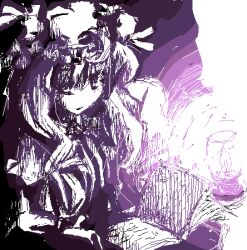  1girl book crescent crescent_hat_ornament hat hat_ornament ikamagu lantern long_hair lowres patchouli_knowledge purple_theme reading sketch solo touhou upper_body 