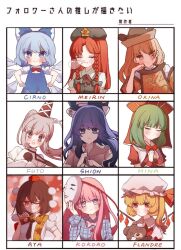  6+girls beret black_hat black_necktie blonde_hair blue_bow blue_dress blue_eyes blue_hair blush bow bowtie braid camera character_name cirno commentary constellation_print crystal crystal_wings detached_sleeves detached_wings dress english_commentary flandre_scarlet frilled_bow frills green_hair green_hat green_vest grey_hair grey_hoodie hair_bow hands_in_opposite_sleeves hat hat_ornament hata_no_kokoro highres holding holding_camera holding_stuffed_toy hong_meiling hood hoodie ice ice_wings iwakoo japanese_clothes kagiyama_hina kariginu long_hair long_sleeves looking_at_viewer mask mask_on_head matara_okina mob_cap mononobe_no_futo multiple_girls necktie nose_bubble one_eye_closed one_side_up open_mouth orange_sleeves orange_tabard pinafore_dress pink_bow pink_bowtie pink_eyes plaid_clothes plaid_shirt pom_pom_(clothes) ponytail puffy_short_sleeves puffy_sleeves red_bow red_dress red_eyes red_hair red_vest ribbon shameimaru_aya shirt short_sleeves sleeping sleeveless sleeveless_dress smile star_(symbol) star_hat_ornament stuffed_animal stuffed_toy stuffing sun_print tabard tate_eboshi teddy_bear tokin_hat touhou translation_request twin_braids vest white_hat wide_sleeves wings wrist_ribbon yellow_eyes yorigami_shion 