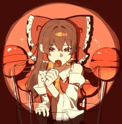  1girl ascot bow brown_hair candy commentary cup detached_sleeves drinking_glass eating food frilled_bow frilled_hair_tubes frills hair_between_eyes hair_bow hair_tubes hakurei_reimu highres holding holding_candy holding_food holding_lollipop horizontal_spotlight imkooooww lollipop long_hair looking_at_viewer mini_person minigirl red_bow red_eyes solo spotlight touhou untranslatable_commentary upper_body yellow_ascot 