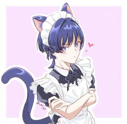  1boy animal_ear_fluff animal_ears apron black_dress black_hair black_sleeves blunt_ends border bright_pupils cat_boy cat_ears cat_tail choppy_bangs closed_mouth collared_dress contrast_collar crossdressing crossdressing_(mtf) crossed_arms dress enmaided eyeliner genshin_impact hair_intakes hand_on_own_arm heart juliet_sleeves leu_135 long_sleeves looking_at_viewer maid maid_apron maid_headdress makeup male_focus male_maid outline pink_background puffy_sleeves red_eyeliner scaramouche_(genshin_impact) short_sleeves solo tail twitter_username violet_eyes white_apron white_border white_outline white_pupils 