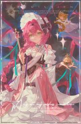  aqua_eyes aqua_gem border brooch crossed_bangs detached_sleeves dress eyelashes gem hair_between_eyes hair_intakes hairband headdress highres holding jewelry long_hair looking_at_viewer necklace original parted_lips pearl_(gemstone) pearl_necklace pink_hair short_sleeves sihao_hengxing solo watermark 