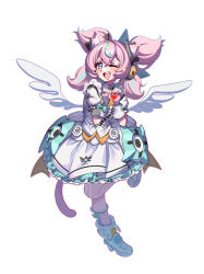  1girl absurdres aqua_eyes aqua_hair aqua_streaks aria_(human)_(zenless_zone_zero) aria_(zenless_zone_zero) blush breasts bridal_gauntlets center_frills collarbone commentary_request dress fingerless_gloves frills full_body gloves hair_between_eyes heart heart_hands highres looking_at_viewer multicolored_hair one_eye_closed open_mouth pink_gloves pink_hair quad_tails sidelocks simple_background small_breasts smile solo streaked_hair symbol-shaped_pupils white_background white_bridal_gauntlets white_dress yger zenless_zone_zero 