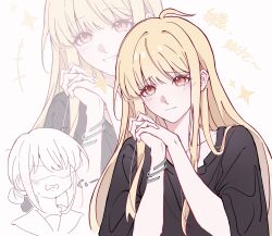  2girls absurdres begging black_shirt blonde_hair chinese_commentary cho_kaguya-hime! commentary_request grin hair_bun hair_flowing_over haiyuan182 hands_up highres interlocked_fingers kaguya_(cho_kaguya-hime!) long_hair multiple_girls multiple_views oversized_clothes oversized_shirt own_hands_clasped own_hands_together raised_inner_eyebrows red_eyes sakayori_iroha shirt single_hair_bun smile sparkle straight_hair t-shirt tearing_up three-quarter_sleeves translation_request white_background wispy_bangs zoom_layer 