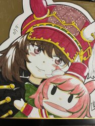  1girl absurdres barashiya brown_hair closed_mouth commentary_request dutch_angle ear_covers ears_through_headwear hand_puppet hat highres looking_at_viewer marche_lorraine_(racing)_(umamusume) marche_lorraine_(umamusume) medium_hair newsboy_cap puppet red_hat shikishi solo traditional_media umamusume violet_eyes 