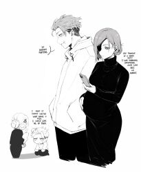  1boy 1girl absurdres anger_vein cellphone commentary dress english_commentary eyepatch greyscale hand_on_own_stomach hands_in_pockets head_bump highres holding holding_phone itadori_yuji jacket jujutsu_kaisen kugisaki_nobara masoq monochrome pants phone pregnant scar scar_on_face scar_on_mouth smartphone 