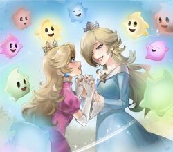  2girls ano_(sbee) artist_name bare_shoulders blonde_hair blue_dress blue_eyes blue_luma blue_sky brooch commentary_request crown dress earrings elbow_gloves eyelashes gloves green_luma hair_over_one_eye holding_hands interlocked_fingers jewelry long_hair long_sleeves looking_at_another luma_(mario) multiple_girls off-shoulder_dress off_shoulder open_mouth pink_dress princess_peach puffy_short_sleeves puffy_sleeves red_luma rosalina short_sleeves siblings sisters sky smile sphere_earrings star_(symbol) star_brooch star_earrings super_mario_bros. the_super_mario_galaxy_movie white_gloves 