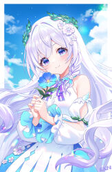 1girl absurdres blue_nails blue_sky border brooch buttons closed_mouth clouds cloudy_sky collared_dress commentary_request cowboy_shot day detached_sleeves dress eyelashes flower frilled_sleeves frills hair_flower hair_intakes hair_ornament highres holding holding_flower isumi_ruhane jewelry lalazyt laurel_crown light_particles long_hair long_sleeves neck_ribbon outdoors purple_ribbon re;bon ribbon sky sleeve_slit smile solo striped_ribbon tareme very_long_hair virtual_youtuber white_border white_dress white_flower white_hair white_sleeves 
