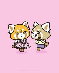  2girls :3 :d :i :t @_@ aggressive_retsuko animal animal_ears artist_name barefoot black_eyes blue_skirt bow brown_fur center_frills closed_mouth clothed_animal commentary cross-laced_clothes dress dress_bow ears_through_headwear english_commentary frilled_dress frilled_shirt frilled_sleeves frills full_body furry furry_female hand_on_own_cheek hand_on_own_face hands_on_own_cheeks hands_on_own_face hands_up happy highres hood leg_up long_sleeves looking_at_another mother_and_child mother_and_daughter multiple_girls nervous official_art open_mouth parent_and_child pencil_skirt pinafore_dress pink_background pink_bow pink_dress plaid_clothes plaid_dress plaid_skirt pout puffy_sleeves purple_skirt raccoon raccoon_ears raccoon_girl raccoon_tail retsuko retsuko's_mother shirt short_sleeves simple_background skirt sleeveless sleeveless_dress smile standing standing_on_one_leg striped_tail sweat sweatdrop sweater tail turn_pale unmoving_pattern wavy_mouth white_shirt yellow_shirt yellow_sweater 