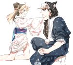  1girl animal_hood black_hair blonde_hair cat_hood double_bun father_and_daughter hat hood japanese_clothes jojo_no_kimyou_na_bouken kimono kuujou_jolyne kuujou_joutarou mrmarchhare multicolored_hair two-tone_hair 