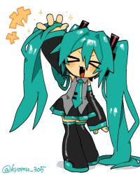  >_< +++ 1girl :3 :d aqua_hair aqua_necktie arm_up bare_shoulders black_sleeves blush boots detached_sleeves fang grey_shirt hair_between_eyes hair_ornament hatsune_miku highres kyomu_305 long_hair necktie open_mouth shirt simple_background skirt sleeveless sleeveless_shirt smile solo thigh-highs thigh_boots twintails very_long_hair vocaloid white_background 