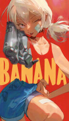  1girl aiming aiming_at_viewer blonde_hair borrowed_character commentary denim denim_shorts eri_(uragoner) gauze gauze_on_cheek gauze_on_leg gun handgun highres long_hair looking_at_viewer mechanical_arms one_eye_closed prosthesis prosthetic_arm raneblu red_background short_shorts shorts simple_background single_mechanical_arm solo tongue tongue_out uragoner weapon 