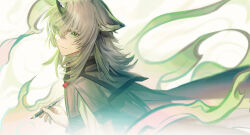  absurdres animal_ears arknights blonde_hair closed_mouth commentary dog_ears floating_clothes from_side green_eyes hair_between_eyes highres holding holding_pen horns jiuri_jiuhao layered_sleeves long_hair long_sleeves looking_at_viewer official_artist_extra pen record_keeper_(arknights) short_over_long_sleeves short_sleeves single_horn untranslatable_commentary upper_body 
