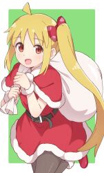  1girl :d absurdres ahoge belt black_belt black_pantyhose blonde_hair blush bocchi_the_rock! boots border capelet christmas cowboy_shot dress fur-trimmed_boots fur-trimmed_capelet fur-trimmed_dress fur_trim green_background highres holding holding_sack ijichi_nijika leg_up long_hair looking_at_viewer mimori_(mimori_05) open_mouth outside_border pantyhose red_boots red_capelet red_dress red_eyes revision sack santa_costume santa_dress side_ponytail sidelocks simple_background smile solo white_border 