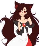  1girl animal_ears blush brooch brown_hair dress fur imaizumi_kagerou jewelry long_hair long_sleeves mazume red_eyes simple_background smile solo tail touhou white_background wolf_ears wolf_tail 