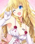 1girl ;d amagi_brilliant_park blonde_hair blue_eyes blush breasts cleavage drill_hair elbow_gloves flower gloves jewelry latifa_fleuranza long_hair one_eye_closed open_mouth pendant rose small_breasts smile solo white_gloves yyo 
