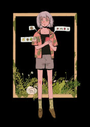  1girl brown_shoes chinese_commentary commentary_request flower full_body green_eyes green_socks highres holding holding_phone leaf looking_at_viewer medium_hair original phone plant shoes socks solo speech_bubble white_flower white_hair wide-eyed yin_0909 