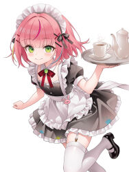  1girl absurdres alternate_costume apron arm_at_side black_bow black_dress black_shoes blush bow bowtie brooch closed_mouth collar commentary cup detached_collar dress enmaided foot_out_of_frame frilled_apron frills garter_straps gem green_eyes green_gem hair_bow hair_ornament hairclip hanako_nana hand_up highres holding holding_tray jewelry leg_up looking_at_viewer maid maid_headdress mary_janes mug multicolored_hair paint_on_clothes paint_splatter peto_(hanako_nana) petticoat pink_hair plate puffy_short_sleeves puffy_sleeves red_bow red_bowtie rim_(rimmon2438) running shoes short_dress short_hair short_sleeves simple_background smile solo steaming_cup stellive streaked_hair teapot thigh-highs tray twitter_username virtual_youtuber white_apron white_background white_collar white_garter_straps white_thighhighs wing_collar wispy_bangs 