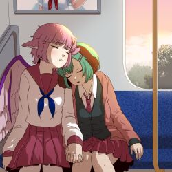  2girls alternate_costume animal_ears bird_ears black_vest blue_neckerchief bus closed_eyes commentary dog_ears green_hair holding_hands indoors jemma_finn kasodani_kyouko long_sleeves motor_vehicle multiple_girls mystia_lorelei neckerchief necktie pink_hair pink_necktie pink_sailor_collar pleated_skirt sailor_collar school_uniform serafuku short_hair skirt sleeping touhou vest white_serafuku white_wings wings yuri 
