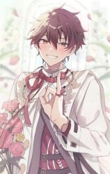  1boy belt belt_buckle black_belt blurry blurry_background brown_eyes brown_hair buckle clenched_teeth commentary ensemble_stars! fingernails floral_print flower flower_request frilled_shirt_collar frills hair_between_eyes hand_up highres long_sleeves looking_at_viewer male_focus morisawa_chiaki official_alternate_costume petals pinky_out red_ribbon reijiro ribbon short_hair smile solo teeth upper_body wedding_march!_(ensemble_stars!) 