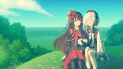 2girls :d beret black_choker black_dress black_hair black_hat black_shirt black_skirt chinese_commentary choker closed_eyes commentary_request dress flower hair_flower hair_ornament hat highres holding_another's_arm layered_skirt long_hair mahou_shoujo_no_majo_saiban multiple_girls necktie nikaido_hiro on_ground outdoors red_eyes red_necktie sakuraba_ema shirt short_hair sitting skirt smile tonht tree very_long_hair white_hair white_shirt 