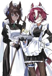  2girls animal_ears apron astronghouse black_dress black_gloves black_hair black_pantyhose blue_eyes breasts brown_hair dark-skinned_female dark_skin dress earrings eyepatch fishnet_pantyhose fishnets gloves grin hair_between_eyes hair_over_one_eye hat highres holding holding_tray horse_ears horse_girl horse_tail jewelry long_hair long_sleeves maid maid_apron maid_headdress mob_cap multicolored_hair multiple_girls open_mouth pantyhose ponytail short_hair single_earring smile streaked_hair symboli_kris_s_(umamusume) tail tanino_gimlet_(umamusume) teeth tray umamusume white_apron white_gloves white_hair white_headdress yellow_eyes 