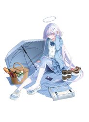  1girl absurdres alternate_costume azipou bag blue_jacket blue_skirt blue_umbrella blush closed_mouth commentary_request cup disposable_coffee_cup disposable_cup doughnut food grey_hair halo hand_up highres jacket knee_up korean_commentary long_hair mornye_(wuthering_waves) picnic_basket red_eyes see-through_body shirt simple_background sitting skirt smile socks solo tacet_mark_(wuthering_waves) umbrella white_background white_shirt white_socks wuthering_waves 