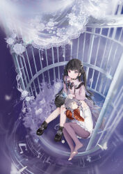  2girls absurdres ahoge asymmetrical_legwear birdcage black_collar black_eyes black_shoes bound bound_wrists brown_dust_(series) brown_dust_2 bug butterfly cage closed_mouth collar crescent crescent_hair_ornament dress eyebrows_hidden_by_hair fishnet_thighhighs fishnets flat_chest from_above full_body gloves hair_ornament headpat heterochromia highres jirai_kei long_hair looking_at_viewer multiple_girls off-shoulder_dress off_shoulder pantyhose pink_shirt purple_pantyhose revision rou_(brown_dust) rou_(white_cat)_(brown_dust) shirt shoes sitting sleeping sleeping_on_person sonya_(brown_dust) sonya_(shadowed_dream)_(brown_dust) strapless strapless_dress thigh-highs toeless_legwear twintails user_shfm3448 white_dress white_eyes 