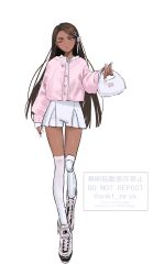  1girl absurdres alien_stage alternate_costume bag boots brown_hair buttons cardigan commentary_request dark-skinned_female dark_skin full_body grey_eyes hair_ribbon heart_button highres holding holding_bag hyuna_(alien_stage) long_hair one_eye_closed parted_lips pink_boots pink_cardigan pink_ribbon prosthesis prosthetic_leg ribbon sanokata shorts solo thigh-highs very_long_hair watermark white_background white_bag white_nails white_shorts white_thighhighs 