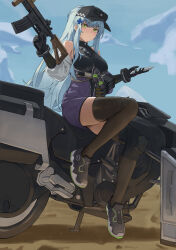  1girl :/ absurdres assault_rifle bare_shoulders black_gloves black_hat black_leotard blue_hair blush breasts clothes_pull commentary covered_navel cross day elbow_gloves english_commentary expressionless from_below full_body girls'_frontline_2:_exilium girls_frontline gloves green_eyes gun hair_ornament hairclip hands_up hat highres hk416_(girls'_frontline) holding holding_gun holding_weapon iron_cross jacket jacket_pull klukai_(girls'_frontline_2) knee_up legs leotard long_hair looking_at_viewer looking_down medium_breasts motor_vehicle motorcycle off_shoulder on_motorcycle open_clothes open_jacket outdoors partially_unzipped ponytail rifle sitting skindentation solo sunai thigh-highs thighs very_long_hair weapon 