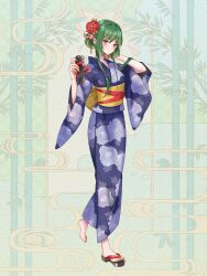  1girl :t blue_kimono blunt_sidelocks camellia_print chain_paradox closed_mouth floral_print floral_print_kimono flower full_body green_background green_hair grey_eyes hair_between_eyes hair_bun hair_flower hair_flowing_over hair_intakes hair_ornament hands_up highres holding holding_sandals japanese_clothes kanzashi kimono long_sleeves looking_at_viewer nail_polish obi orange_nails pinstripe_kimono pinstripe_pattern print_kimono sandals sash se00tu sidelocks sideways_glance single_bare_foot single_hair_bun single_sandal solo standing standing_on_one_leg toenail_polish toenails tsumami_kanzashi wide_sleeves yellow_sash zouri 