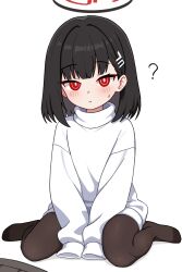  1girl ? age_regression aged_down black_hair black_pantyhose blue_archive blush bright_pupils commentary halo highres io9 long_sleeves looking_at_viewer medium_hair oversized_clothes pantyhose red_eyes ringed_eyes rio_(blue_archive) simple_background sitting skirt sleeves_past_fingers sleeves_past_wrists solo sweatdrop sweater unworn_skirt wariza white_background white_pupils white_sweater 