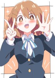  1girl :d absurdres bilingual_commentary birthday black_jacket blazer blue_ribbon blush border breasts bright_pupils brown_eyes brown_hair buttons collared_shirt commentary dot_nose hair_between_eyes hair_ornament hairclip hands_up highres hirasawa_yui jacket k-on! lapels long_sleeves looking_at_viewer mixed-language_commentary neck_ribbon open_hand open_mouth orange_background outside_border ribbon sakuragaoka_high_school_uniform school_uniform shirt short_hair simple_background small_breasts smile solo straight-on teeth upper_body upper_teeth_only v v-shaped_eyebrows white_border white_pupils white_shirt winter_uniform yuki_nagisaa 