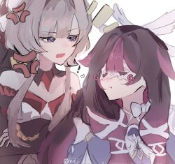  2girls anger_vein bare_shoulders black_collar black_hair black_sleeves blush bow bowtie closed_eyes closed_mouth collar columbina_(genshin_impact) commentary detached_collar detached_sleeves dress eye_mask genshin_impact hair_ornament head_wings highres long_hair mask multicolored_hair multiple_girls multiple_wings open_mouth purple_hair purple_streaks ribbon sandrone_(genshin_impact) short_hair_with_long_locks simple_background streaked_hair twitter_username two-tone_hair upper_body very_long_hair white_background white_bow white_dress white_wings wing_hair_ornament wings yufiyuuuuyuyu yuri 