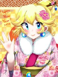  2026 blonde_hair blue_eyes breasts dynamic_pose english_text hair_between_eyes happy_new_year japanese_clothes jewelry kimono light_blush long_hair looking_at_viewer medium_breasts mochacha_1020 pink_kimono pink_lips ponytail princess princess_peach straight_hair super_mario_bros. 