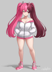 1girl alternate_costume alternate_hairstyle artist_name bare_legs blush breasts brown_hair cslucaris hands_in_pockets heterochromia highres large_breasts legs long_hair multicolored_hair neopolitan_(rwby) off_shoulder pink_hair pink_shoes rwby shoes signature split-color_hair sweater twintails 