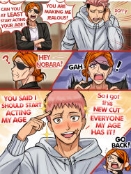  1boy 1girl alternate_hairstyle blush chibi english_text facial_mark highres hood hoodie itadori_yuji jujutsu_kaisen jujutsu_kaisen_modulo kugisaki_nobara mature_female neggoartz old old_woman open_mouth orange_hair pink_hair scar scar_on_face scar_on_mouth speech_bubble wrinkled_skin 